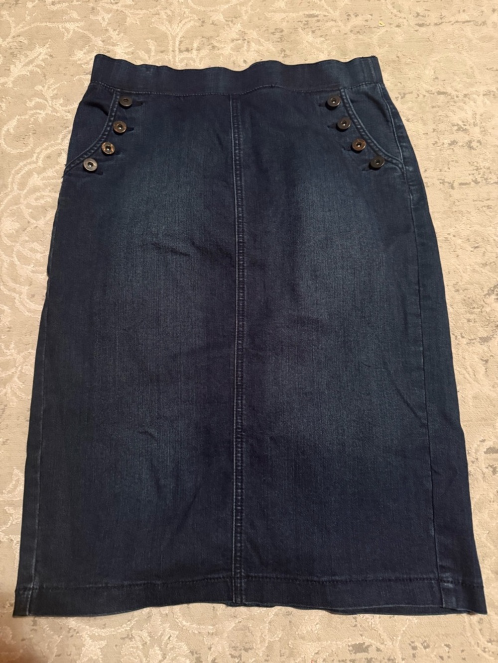 Button-Accent Dark Blue Denim Pencil Skirt